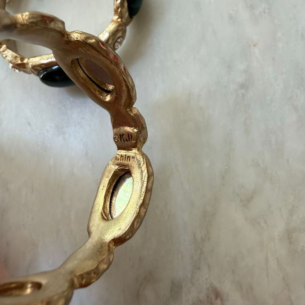 Kenneth Jay Lane Vintage Gold-Tone Clip Hoop Earrings Faux Emerald Cabochons New — image 4 of 6